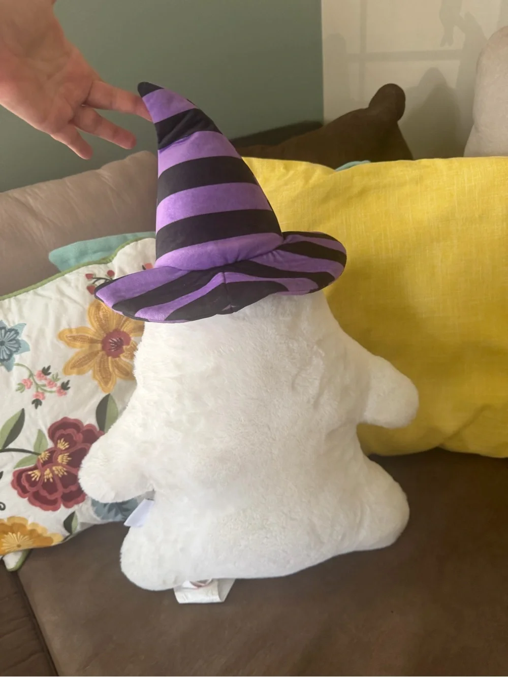 Martha Stewart Plush Halloween Ghost Pillow with Purple Striped Witch Hat